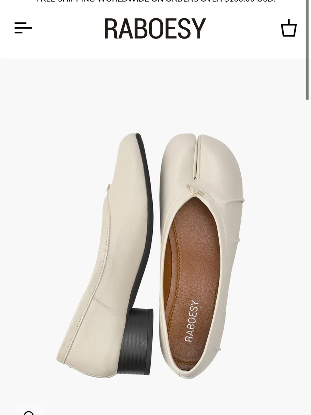 Women's Split-Toe Leather Ballet Flat in Cream Wrinkles Tabi Pumps OBO